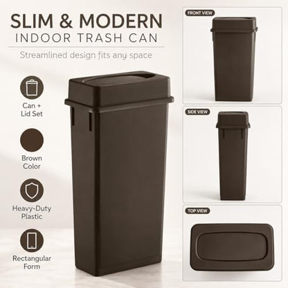 23 Gallon Slim Rectangular Commercial Trash Can, Heavy Duty Plastic Indoor Waste Bin for Kitchen, Office, Restaurant, School, Restroom & Janitorial Use (Brown, with Lid) - color: Brown