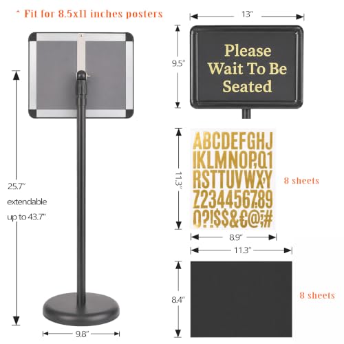 Please Wait To Be Seated Sign, 8.5 x 11 Inch Heavy Duty Sign Holder Stand with 8 Inserts and 8 Alphabet Stickers, Can DIY Sign Messages, Floor Standing Poster Stand with a Base for Yard Business Store Floor Indoor/Outdoor Signage&Advertising, Black