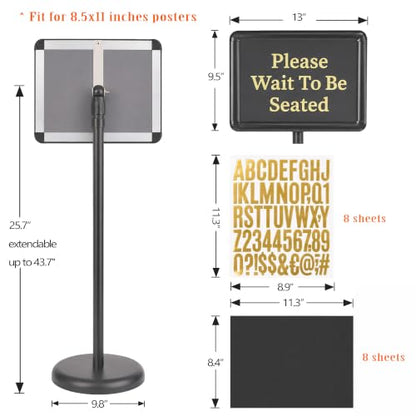 Please Wait To Be Seated Sign, 8.5 x 11 Inch Heavy Duty Sign Holder Stand with 8 Inserts and 8 Alphabet Stickers, Can DIY Sign Messages, Floor Standing Poster Stand with a Base for Yard Business Store Floor Indoor/Outdoor Signage&Advertising, Black