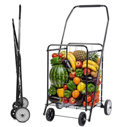 Simple Deluxe Folding Shopping Cart with Wheels, 90LB Capacity & Comfortable Foam Handle, Heavy Duty Collapsible Utility Cart for Groceries, Laundry, Travel, Books, Black
