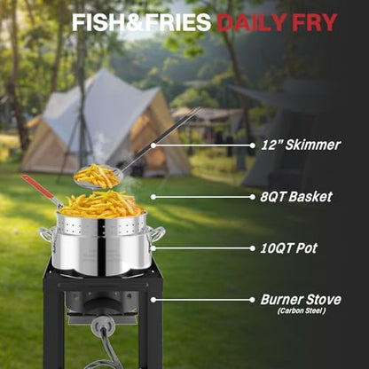30QT Turkey & 10QT Fish Fryer Set | Stainless Steel Pot | Outdoor Fryer - size: 30QT+10QT+Cover+Skimmer