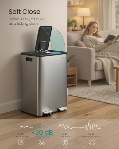 SONGMICS Trash Can, 2 x 8 Gallon (2 x 30 L) Dual-Compartment, Soft-Close - color: Silver, size: 2 x 8 Gallon