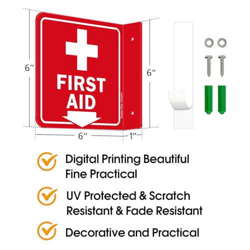 Faittoo First Aid Sign, 2 Pack First Aid with Cross Symbol - 6 x 6 Inches Acrylic Plastic, 2 Pre-Drilled Holes, Includes Matching Screws, Use for Home Office/Business - style: L-shaped 2 Pack