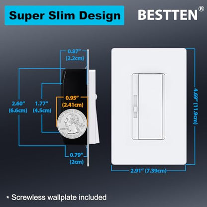 BESTTEN 3 Pack Slide Dimmer Light Switch, Single Pole or 3 Way, White
