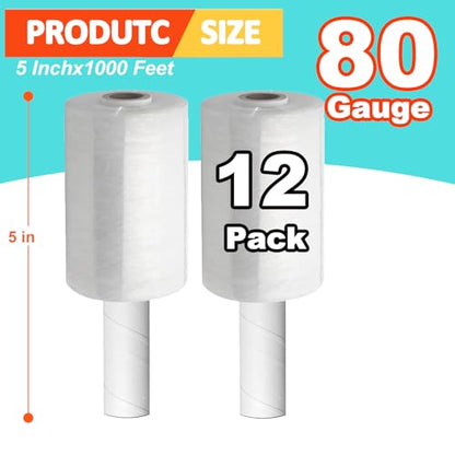 Stretch Wrap Film, 15" x 1000Ft Shrink Wrap Roll with Handles,60 Gauge Stretch Wrap Industrial Strength, Plastic Wrap for Pallet Wrapping Shipping Moving and Surface Protection (12 Pack-5"-80 Gauge) - size: 12 Pack-5"-80 Gauge