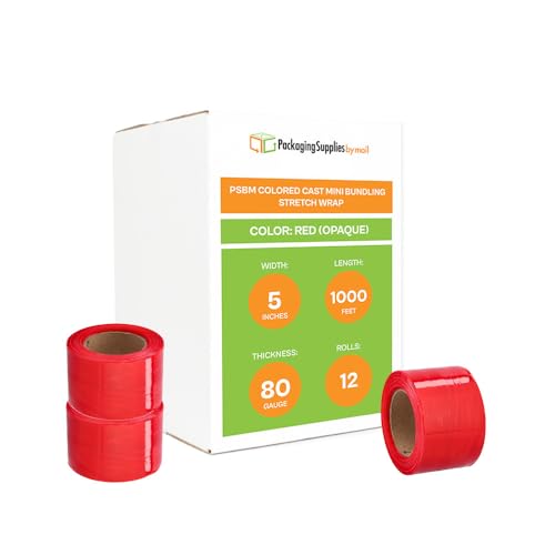 PSBM Dark Red Mini Stretch Wrap with Handle 5" x 1000' 80 GA 12 Rolls - color: Red, size: 12 Rolls