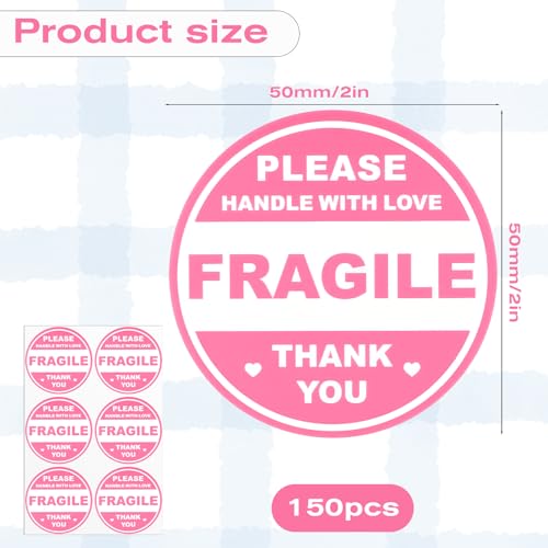 ElevateTech 2 inch 300 PCS Fragile Sticker Pink Round Fragile Labels Cute FragileSticker Handle with Care Thank You Label for Shipping Moving Glass Permanent Adhesive FragileLabels (150 Round)
