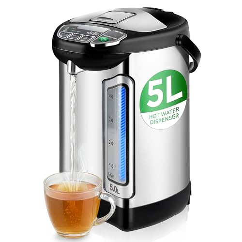 NutriChef Electric Water Boiler and Warmer - 5L/5.28 Qt Stainless Steel Hot Water Dispenser w/Rotating Base, Keep Warm Temperature Set, Auto Shut Off, Safety Lock, Instant Heating for Coffee & Tea - size: 5.3 Quarts