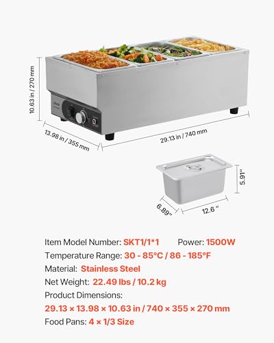 VEVOR Commercial Food Warmer, 1500W Electric Stainless Steel Steam Food Warmer, Fast Heating Countertop Buffet Bain Marie with Four 1/3 Size Food Pans, for Catering, Restaurants, Parties & Buffets - size: 29.13 x 13.98 x 10.63 in