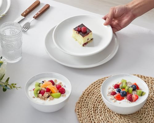 ONEMORE Plates and Bowls Set 12 Pcs,Stoneware Dinnerware Sets for 4 Microwavable,Oven & Dishwasher Safe Porcelain,Scratch Resistant Dishes Set,White - color: White