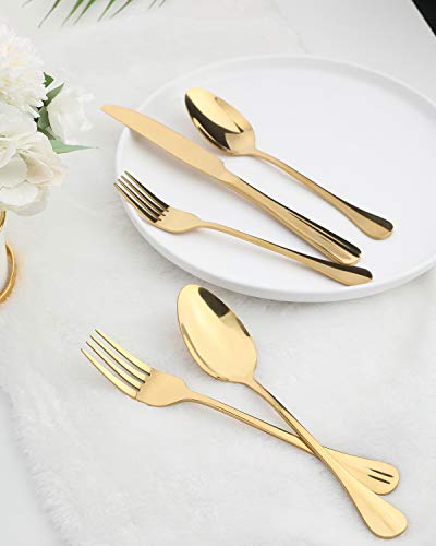 Gold Silverware Flatware Set, HF HOFTEN 45-Piece Stainless Steel Durable Cutlery Serving Set, Service for 8, Modern Elegant Design for Home/Hotel/Restaurant, Mirror Polished & Dishwasher Safe - color: HX032-45GO