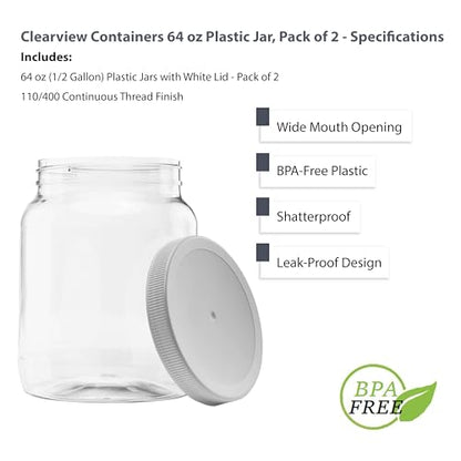 2 Pack - 64 oz (Half Gallon) Plastic Storage Jars with 110-400 Leak Proof White Lid, Food Grade, BPA Free, Hand Wash Only (64oz, 2pk) - size: 2pk - 64oz, White