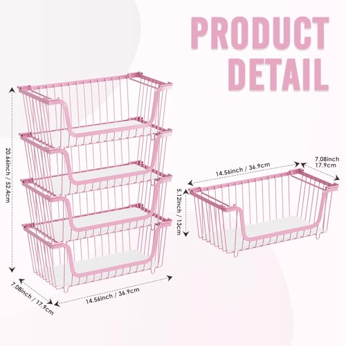 4 Pcs Stackable Wire Baskets for Pantry Organizers and Storage, Pink - color: 1-pink