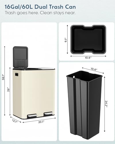 Arlopu 16Gal Dual Trash Can w/2 Built-in Box for Odor Control - color: Beige