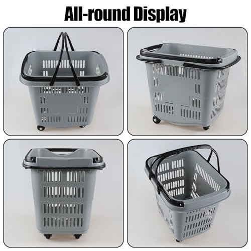 Teyyvn 4 PCS 50L Plastic Rolling Shopping Basket with Handle, Gray