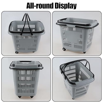Teyyvn 4 PCS 50L Plastic Rolling Shopping Basket with Handle, Gray