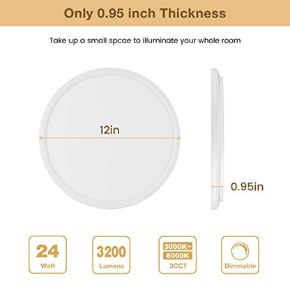 6-Pack 3200LM 12Inch LED Ceiling Lights Flush Mount, Dimmable Ceiling Light Fixtures, 3000K 4500K 6000K CCT, 24W Super Slim Low Profile Modern Ceiling Light for Bedroom Bathroom Hallway Kitchen, White - color: White, size: 6 Packs