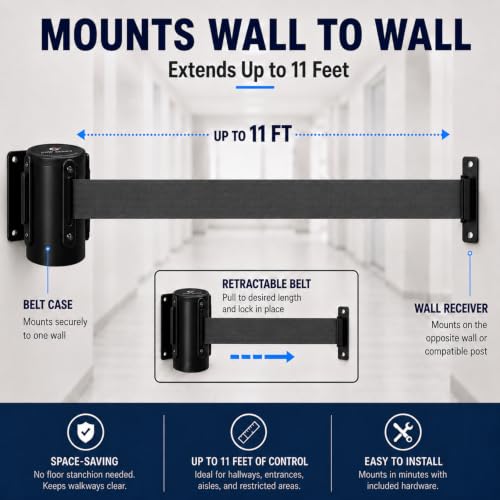Crowd Control Warehouse 11 Ft Fixed Wall-Mount Retractable Belt Barrier - color: Dark Grey, size: Solid Color