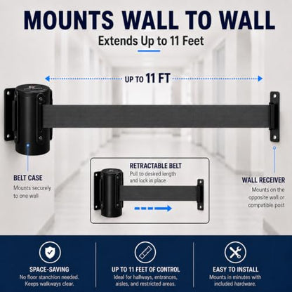 Crowd Control Warehouse 11 Ft Fixed Wall-Mount Retractable Belt Barrier - color: Dark Grey, size: Solid Color