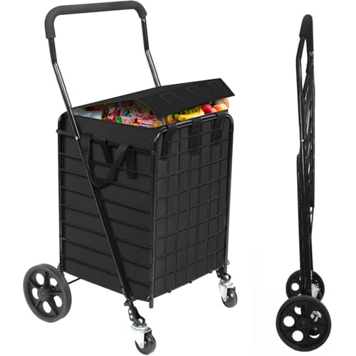 Collapsible Grocery Shopping Cart with Waterproof Liner, 360° Swivel Wheels Foldable Utility Cart 66lb Capacity & Extended Foam Handle - for Laundry, Supermarket, Travel (Medium) - color: Black+bag
