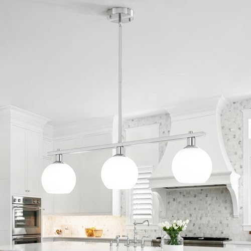 3 Lights Linear Pendant Light Kitchen Island Lighting with Milk Glass Shade, Modern Farmhouse Chandelier, Brushed Nickel Chandelier for Dining Room Light Fixture for Over Island Over Table Bar - color: Brushed Nickel