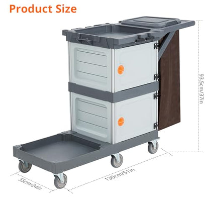 3 Tier Janitorial Cart,Commercial Cleaning Cart on Wheels with 2 Cabinet,Open Shelves & Oxford Bag,Housekeeping Cleaning Caddy Service Carts for Home Office School Hotel