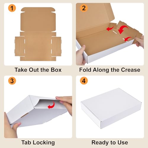 12x9x2 Inches Shipping Boxes, 2 Pack White Corrugated Cardboard Boxes, Recyclable Tap-Lock Packaging Boxes for Business, Gift Wrapping, Mailing and Storage - size: 12"x9"x2"