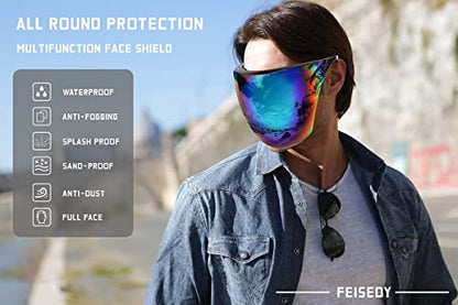 FEISEDY Full Face Shield Sunglasses – Anti-Fog UV400 Mirror Visor - color: 001 Black Green Rainbow Mirror