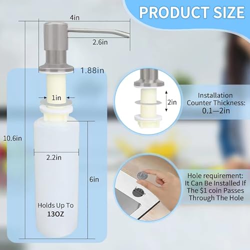 Dish Soap Dispenser for Kitchen Sink Brushed Nickel Under Sink Soap Dispenser Pump Head with 10.14 Ounce PET Soap Bottle and 1.88" Base - color: Brushed Nickel