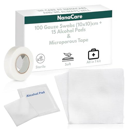 100pc 4x4 Gauze Swabs with 10 Alcohol prep Pads with 1pc Medical Tape