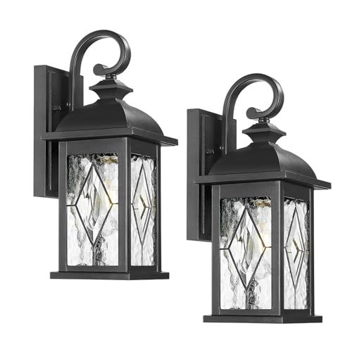 FEMILA 15" Exterior Wall Sconce, 2-Pack Outdoor Waterproof Wall Lights Fixture, Anti-Rust Matte Black Finish with Water Ripple Glass,4FD54B-2PK BK-SD - color: Matte Black, Lozenge Pattern, size: 15", 2 Pack