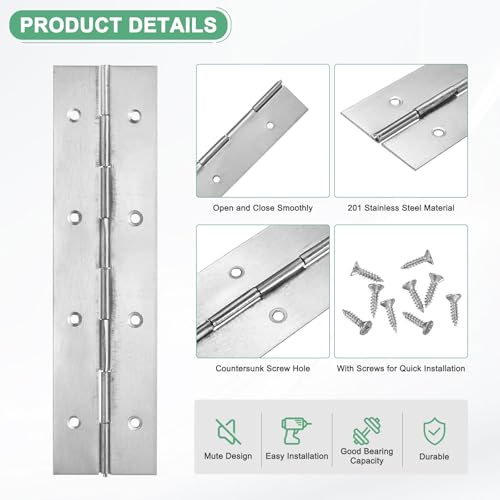 M METERXITY 2-Pack Piano Hinges, 8 Inch / 200mm Stainless Steel Continuous Piano Hinge with Holes and Screws for Cabinets Door/Storage Box [2X 0.04/ 50x 1mm Open Width Thick, Silver Tone] - color: Silver Tone, size: 8x2x0.04"