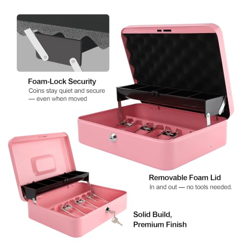 Cash Box with Key Lock – 0.7mm Steel Cash Drawer with Money Bag & Auto-Pop Coin Tray, 4 Upgraded Finger-Safe Bill Clips, Portable Register for Vendors, Business & Home, 11.8" x 9.5" x 3.5", Soft Pink - color: Soft Pink