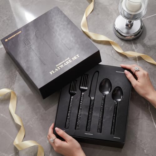 45 Pcs Black Hammered Silverware Set with Serving Utensils for 8 - color: Black, size: 45-Piece