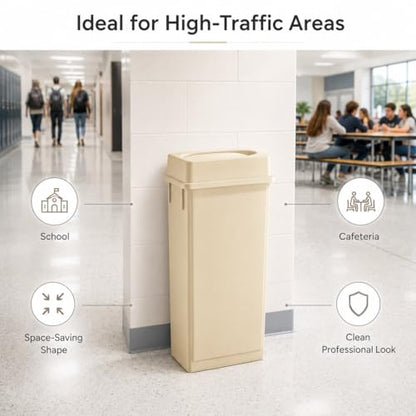 23 Gallon Slim Rectangular Commercial Trash Can, Heavy Duty Plastic Indoor Waste Bin for Kitchen, Office, Restaurant, School, Restroom & Janitorial Use (Beige, with Lid) - color: Beige