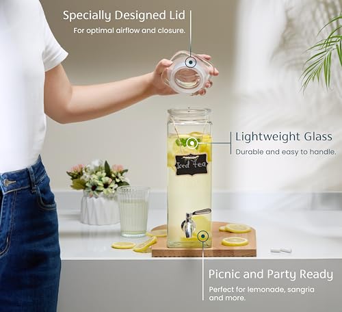 Kook Drink Dispenser, 80 oz, Water Dispenser Countertop, Glass Drink Dispenser, Beverage dispenser, with Leak-Proof Spigot, Clear Rectangular Jar, Storage for Party, Fridge, for Water, Iced Tea - size: Pack of 1