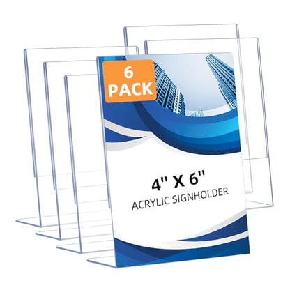 6 Pack Slanted Back Acrylic Sign Holders 4x6 for Business & Store, Tabletop Vertical Sign Holder with Anti-Slip Pads Clear Display Stand, for Menus Flyers Documents Office Restaurants Party Decoration
