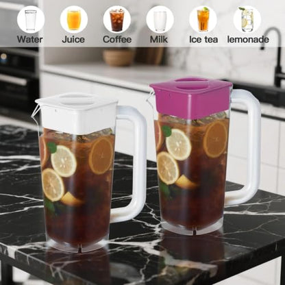CURTA 4 Pack 2L/68 oz Plastic Pitcher with Lid & Handle, Large Capacity Water Jug with Measurement Marks, Clear Fridge Pitcher for Iced Tea, Juice, Lemonade & Cold Beverages - color: White-red-4pack