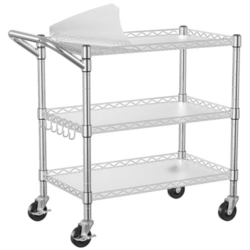 NTE 3 Tier Heavy Duty Rolling Utility Cart on Wheels, 990Lbs Capacity Rolling Wire Cart, Kitchen Carts on Wheels, NSF Commercial Metal Serving Cart with Handle and Shelf Liners for Kitchen, Restaurant - color: Sliver
