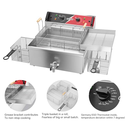 CROSSON 24Lbs Electirc Triple Basket Turkey Fryer With Oil Drain Spout,Oil Drain Rack,Commercial Countertop Donut Deep Fryer To Fry a Whole Fish or Turkey - size: Tripple Basket,24L
