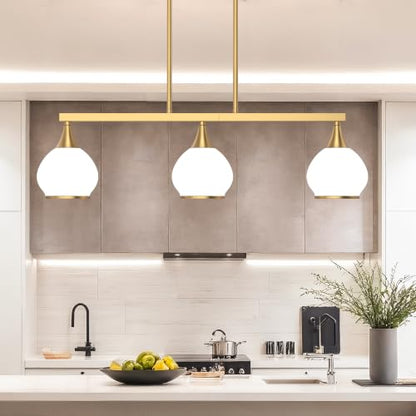 Phaosio Brushed Gold Kitchen Island Linear Pendant Light, 3-Light - color: Gold (White Glass Shades), size: 3-Light