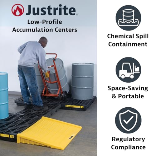 Justrite Low Profile 4 Drum Spill Containment Pallet Accumulation Center - 5.5" Tall - 49 Gal Capacity for 55 Gallon Drum Containment - Made in The USA from 30% Recycled Polyethylene - Yellow - 28656 - color: Yellow, style: 4 Drum