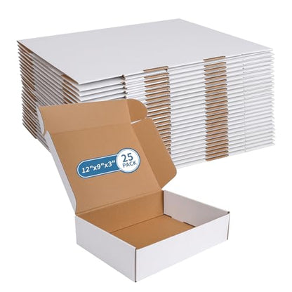 Fishat 12" x 9" x 3" White Corrugated Cardboard Shipping Boxes Set of 25 - size: 12" x 9" x 3"
