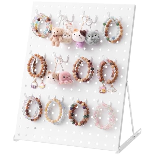 Portable & Adjustable Peg Board Display Stand with 15 Hooks(1pcs, White) - color: White