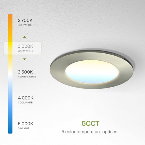 ASD 6 Pack LED Recessed Lighting 4 Inch 9W, 5 CCT 2700K-5000K CRI90+, IC Rated Ultra Thin Dimmable Ceiling Lights with J Box, Canless Wafer Downlight, Round Slim Panel Light, Energy Star ETL, Nickel - color: Nickel, size: 4 Inch 6 Pack