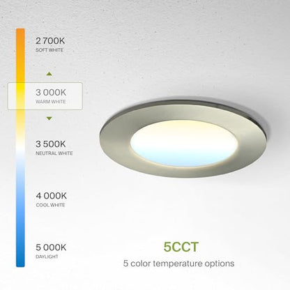 ASD 6 Pack LED Recessed Lighting 4 Inch 9W, 5 CCT 2700K-5000K CRI90+, IC Rated Ultra Thin Dimmable Ceiling Lights with J Box, Canless Wafer Downlight, Round Slim Panel Light, Energy Star ETL, Nickel - color: Nickel, size: 4 Inch 6 Pack