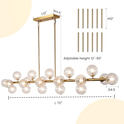 Gold Linear Large Chandelier Modern Chandelier Glass Pendant Light Fixture Adjustable for Dining Living Room Kitchen Island 22-Light 70" - color: transparent-70in