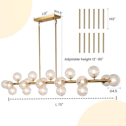 Gold Linear Large Chandelier Modern Chandelier Glass Pendant Light Fixture Adjustable for Dining Living Room Kitchen Island 22-Light 70" - color: transparent-70in