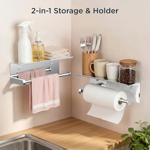 FORIOUS Wall Mount Paper Towel Holder with Shelf for Kitchen, Chrome - color: Chrome