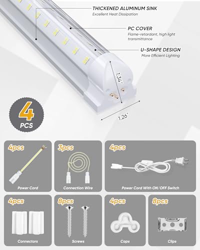 4FT 4 Pack LED Shop Lights, 60W 7500LM 6000K Workbench Tube Light - size: 7500LM-4Pack